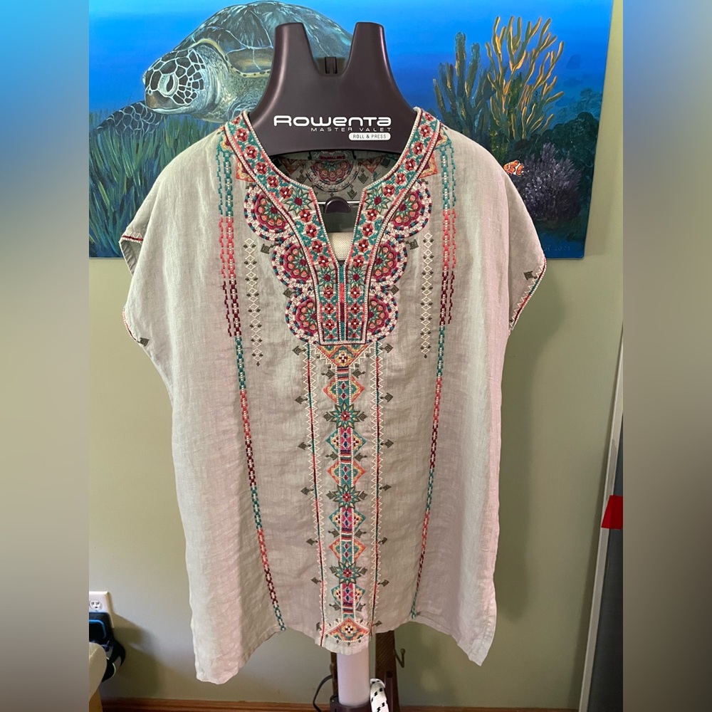 Johnny Was Verena Linen Easy Yoke Tunic  Embroidered Tunic Taupe ColorMandarin